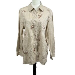 Sunny Leigh Linen Embroidered Button Down Shirt Long Sleeve Top XL